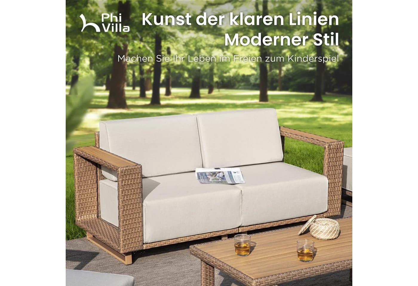 PHI VILLA Gartenlounge-Set Beige Rattan Outdoor Sofa