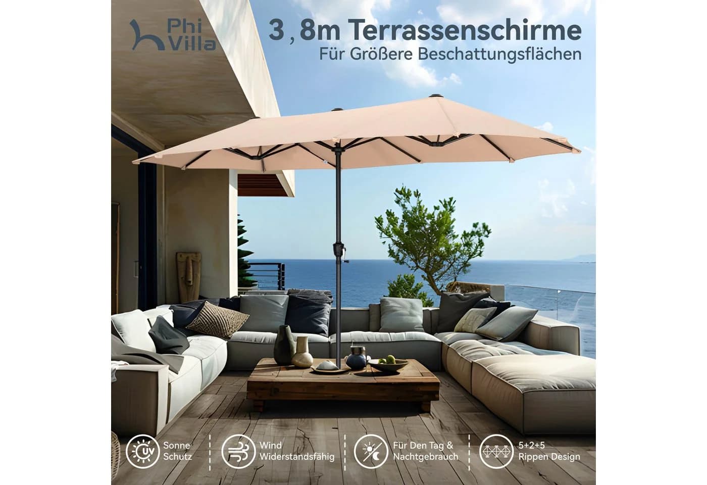PHI VILLA Balkonschirm Beige Kurbel UV-Schutz 2x3,8m