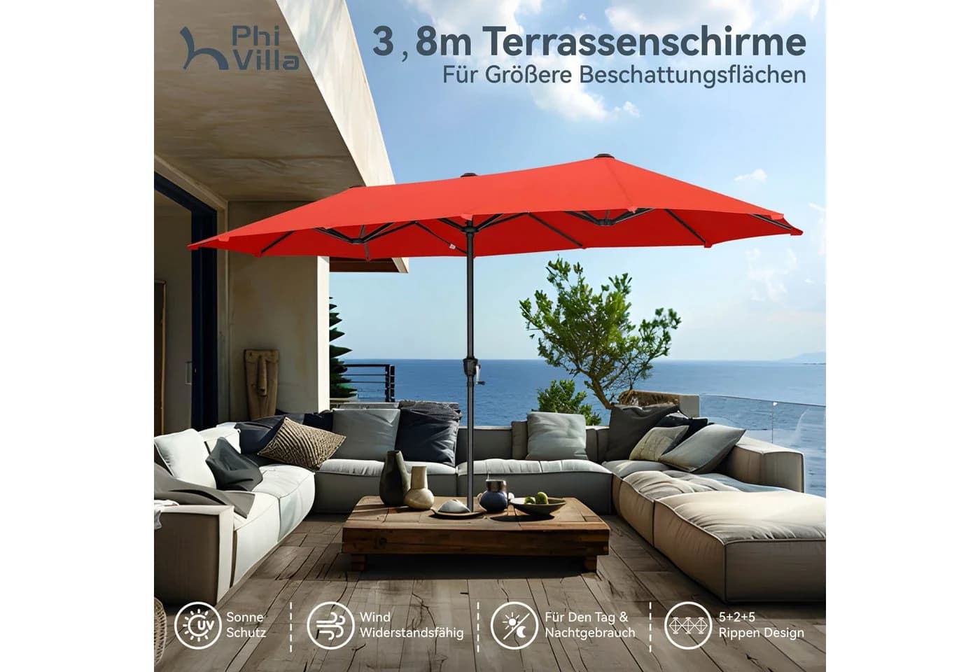 PHI VILLA Balkonschirm Rot mit Kurbel und UV-Schutz
