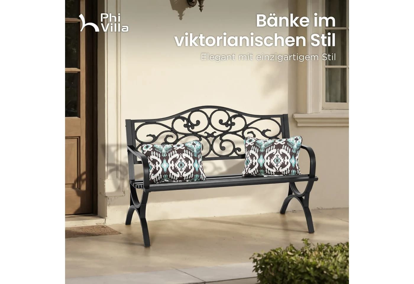 PHI VILLA Gartenbank Schwarz Metall mit gusseiserner Rückenlehne