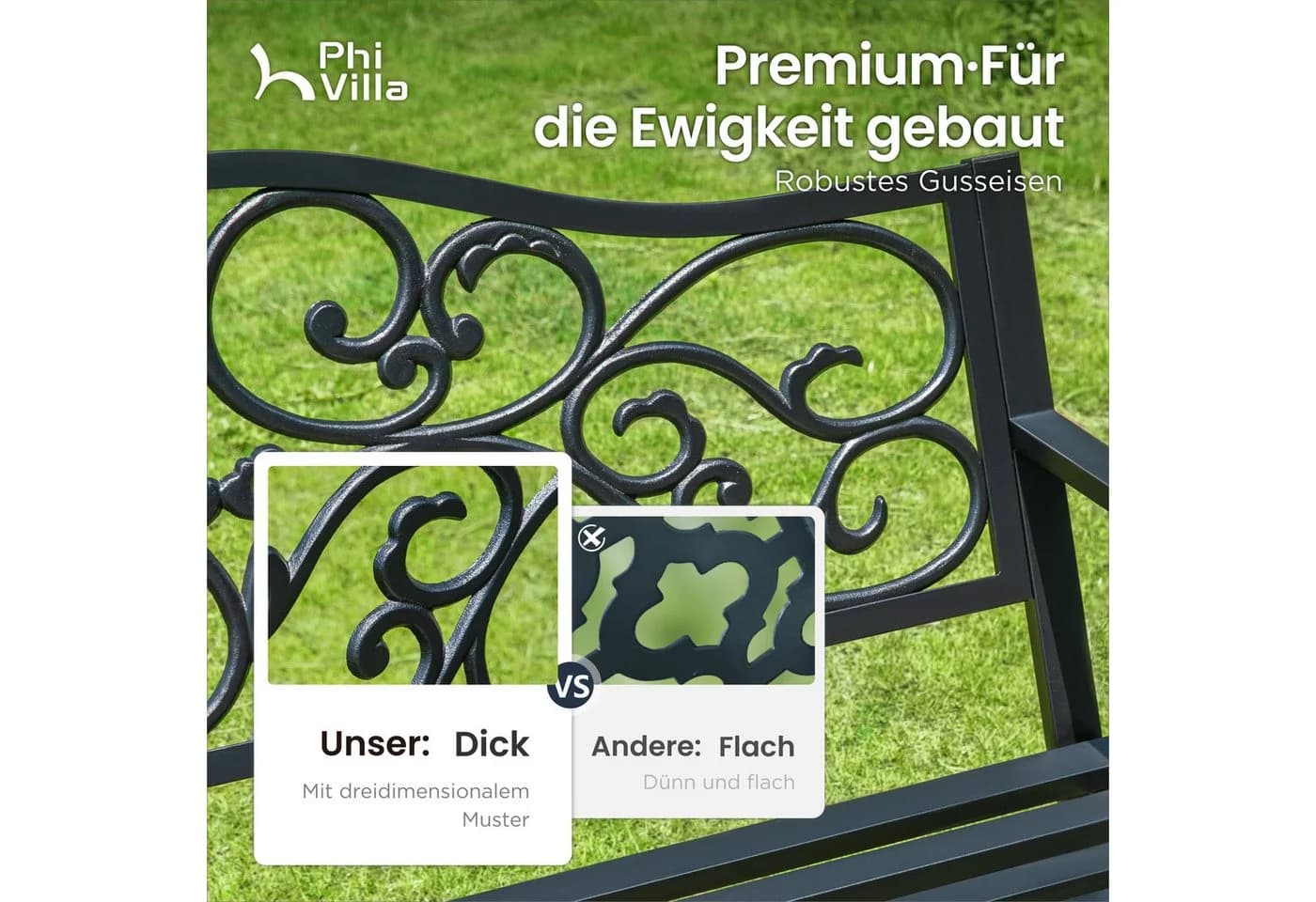 PHI VILLA Gartenbank Schwarz Metall mit gusseiserner Rückenlehne - Bild 3