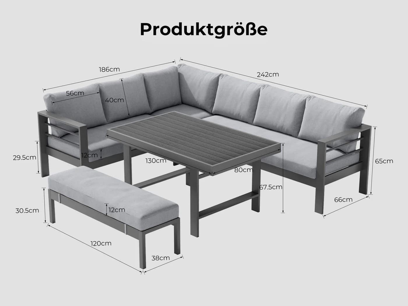 MeXo Gartenlounge-Set XXL 5-tlg. Aluminium Grau mit Kissen - Bild 4