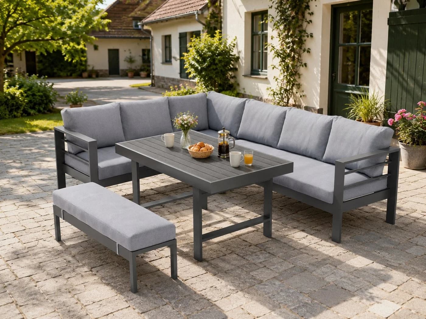 MeXo Gartenlounge-Set Aluminium Eck 5-tlg. Grau mit Kissen - Bild 2
