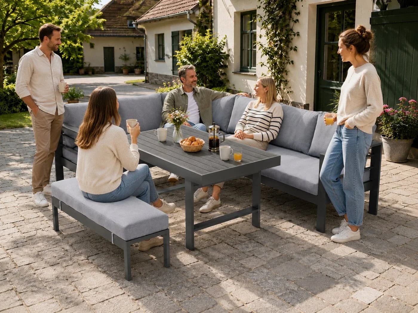 MeXo Gartenlounge-Set Aluminium Eck 5-tlg. Grau mit Kissen - Bild 3