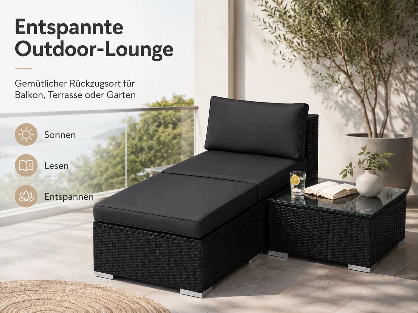 MeXo Gartenlounge-Set Schwarz Poly-Rattan mit Fußhocker - Bild 4