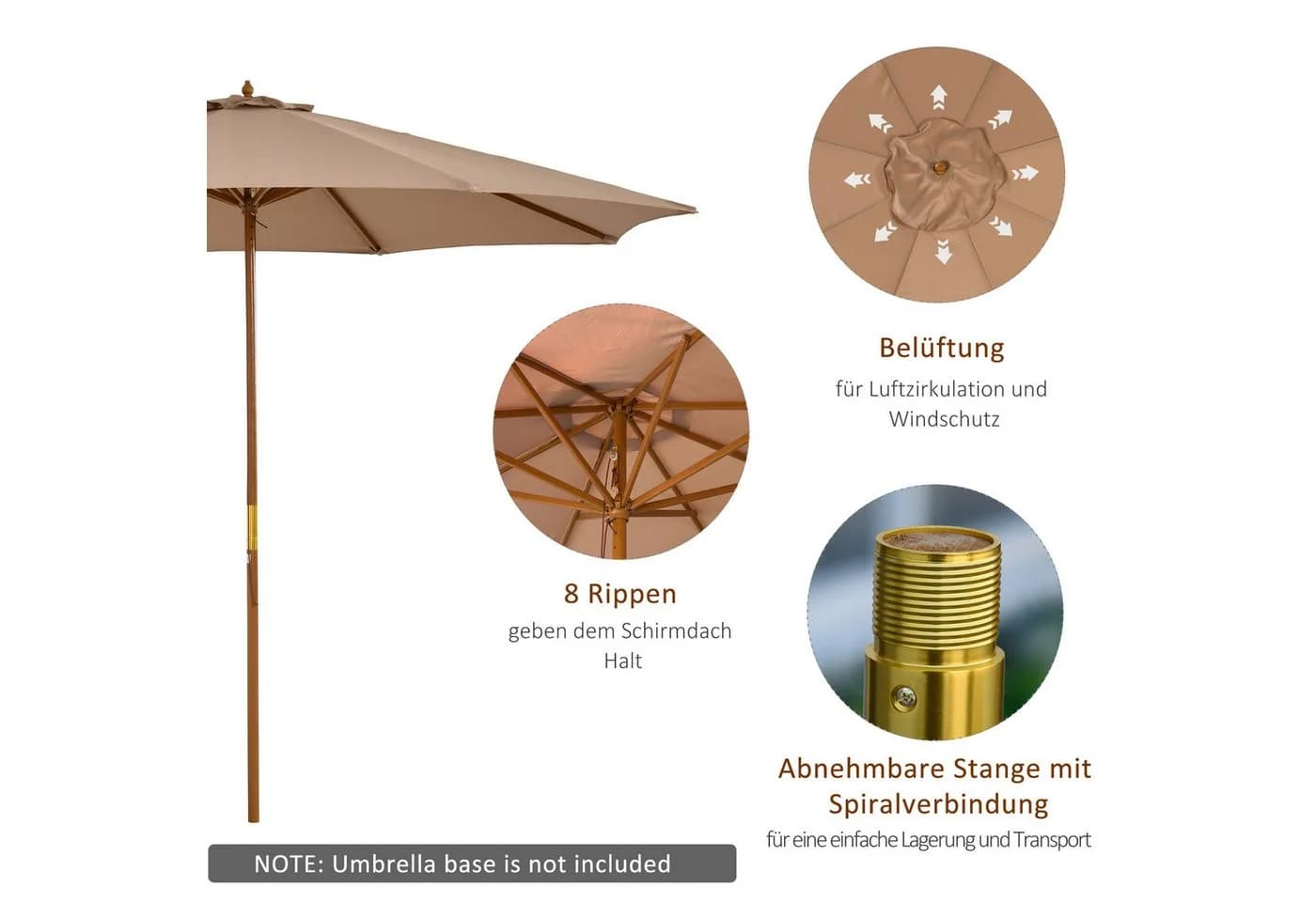 MC Star Sonnenschirm Holz 300 cm Khaki Bambus - Bild 3