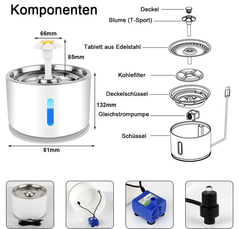 TUWENA Haustiertrinkbrunnen 2,4L mit Aktivkohlefilter & Edelstahl