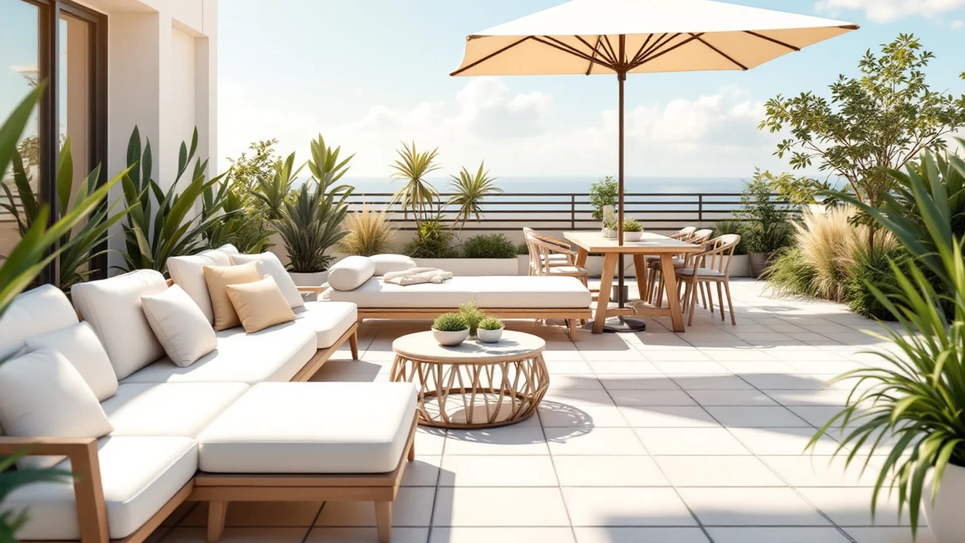 Sonnige Terrasse mit Gartenmöbeln, Sonnenschirm und Pflanzen