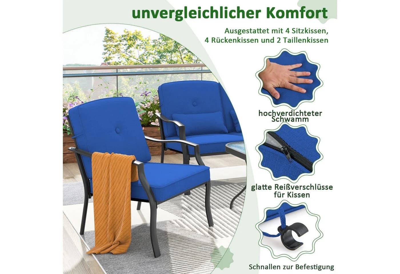COSTWAY Gartenlounge-Set 4-tlg. Blau Metall mit Kissen