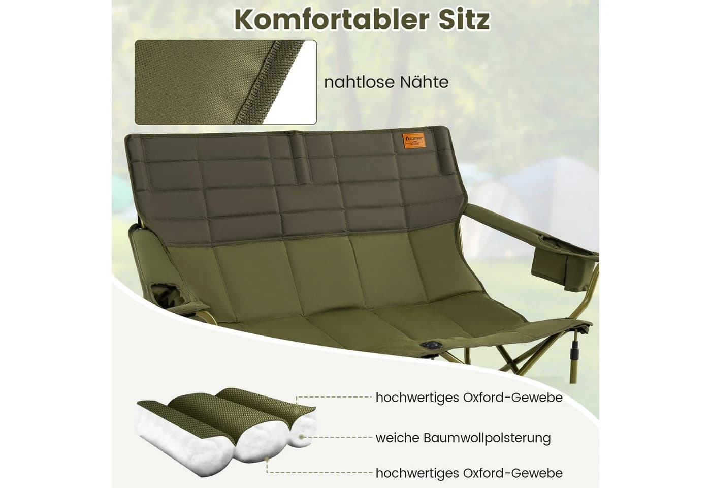 KOMFOTTEU Campingstuhl 2-Sitzer Klappstuhl mit Getränkehalter und Tragetasche