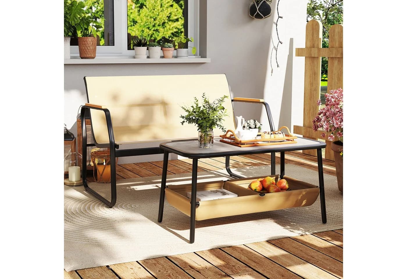 COSTWAY Balkonset 2-tlg. Terrassenmöbel Couchtisch-Set mit 2 Fächern