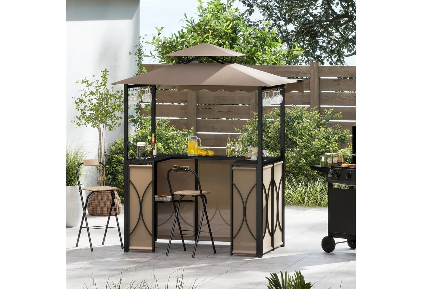 COSTWAY Grillpavillon mit Bartisch & 2 Hockern Braunes Polyester