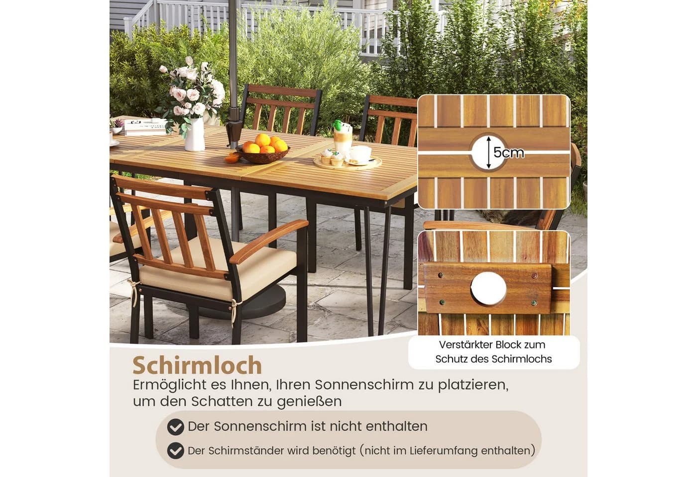 COSTWAY Gartentisch 200cm Akazie Esstisch für 8 Personen
