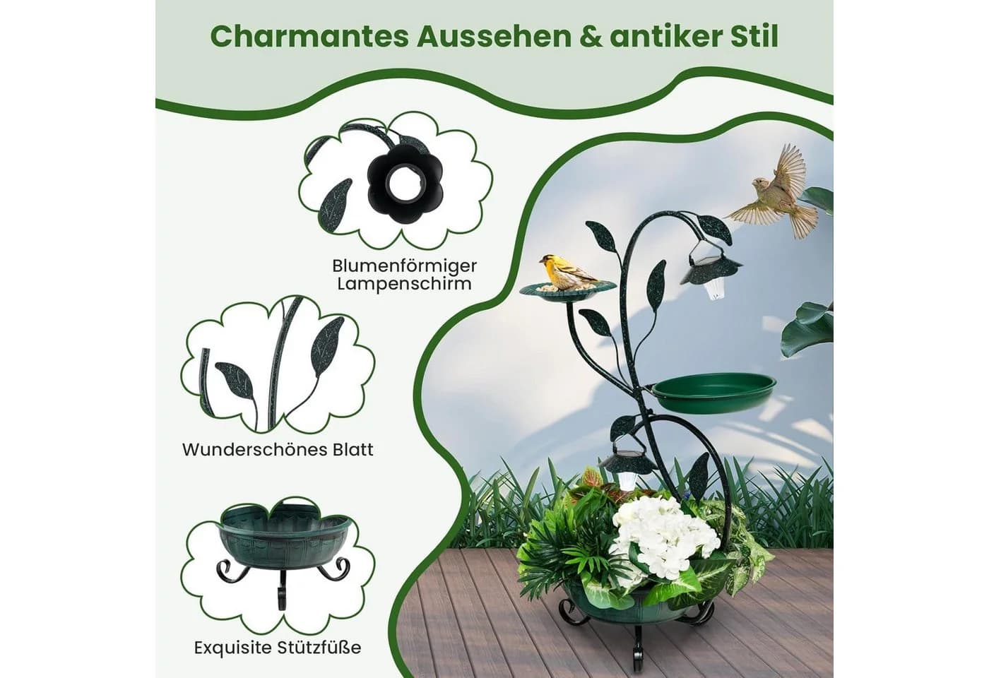 KOMFOTTEU Vogeltränke Vintage 83cm mit Solar-LED & Pflanzkasten
