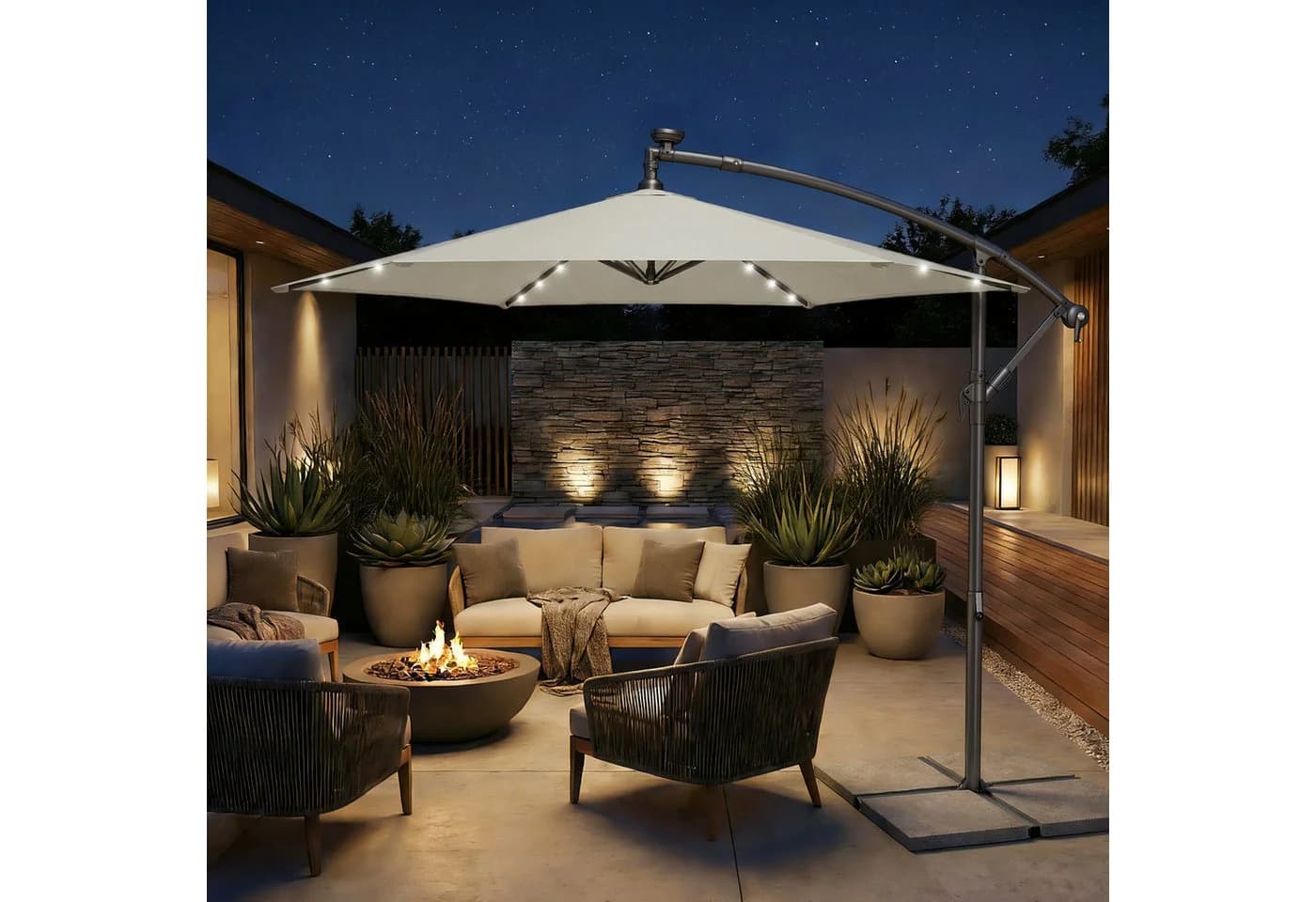 SONGMICS Sonnenschirm 300 cm LED-Solar-Beleuchtung UPF 50+