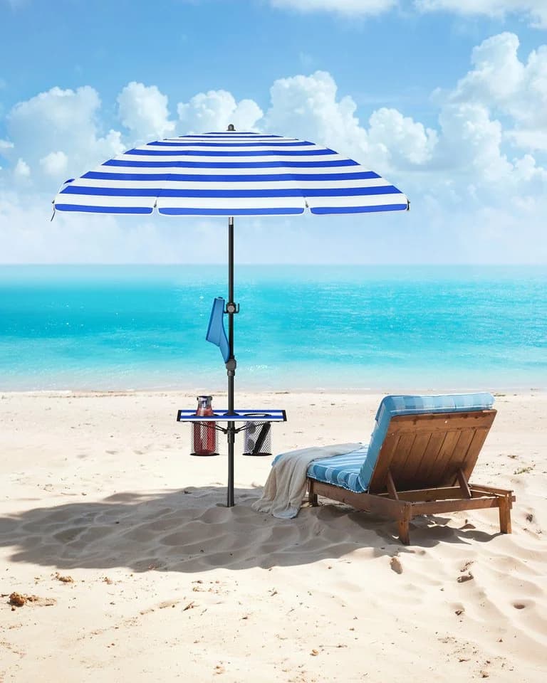 SONGMICS Sonnenschirm 160 cm Strandschirm UPF 50+ Ablagefläche
