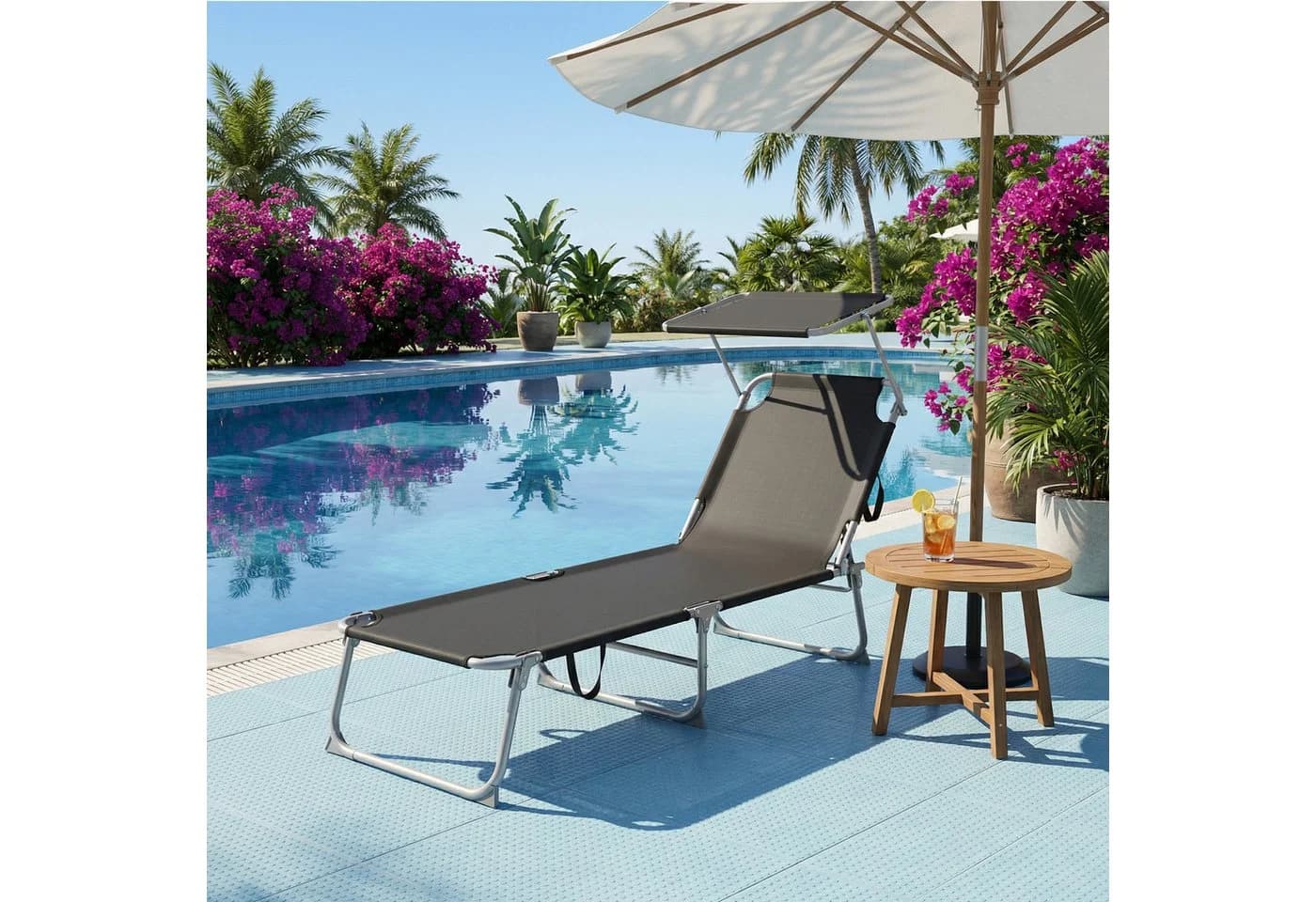 SONGMICS Gartenliege Schwarz Klappbar Mit Verstellbarer Sonnenblende