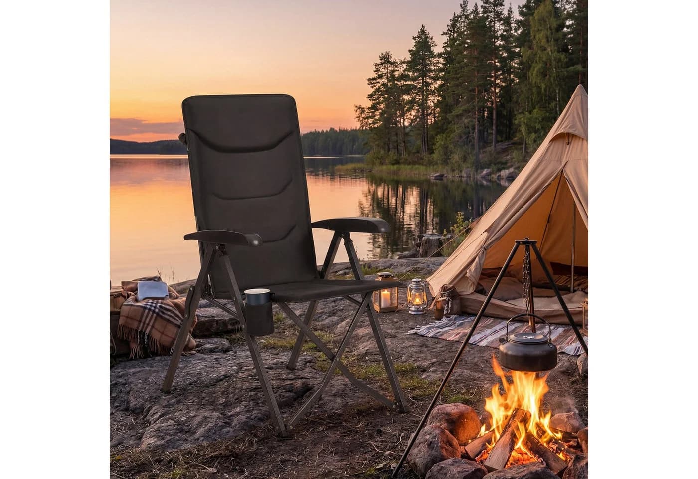 SONGMICS Campingstuhl 90°-150° verstellbare Rückenlehne mit Getränkehalter