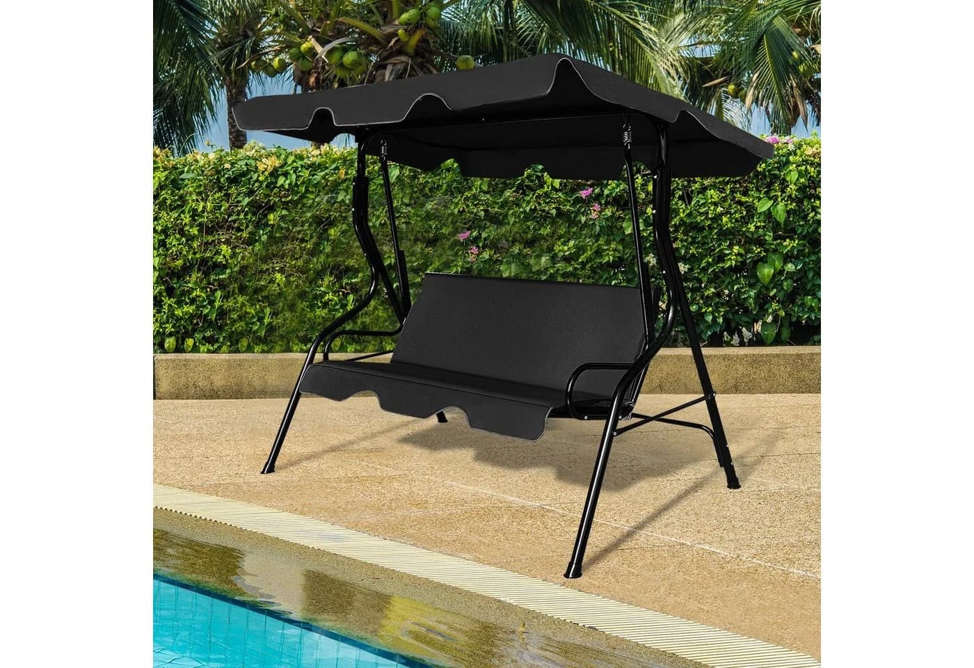 COSTWAY Hollywoodschaukel Gartenbank 3-Sitzer Schwarz mit Sonnendach