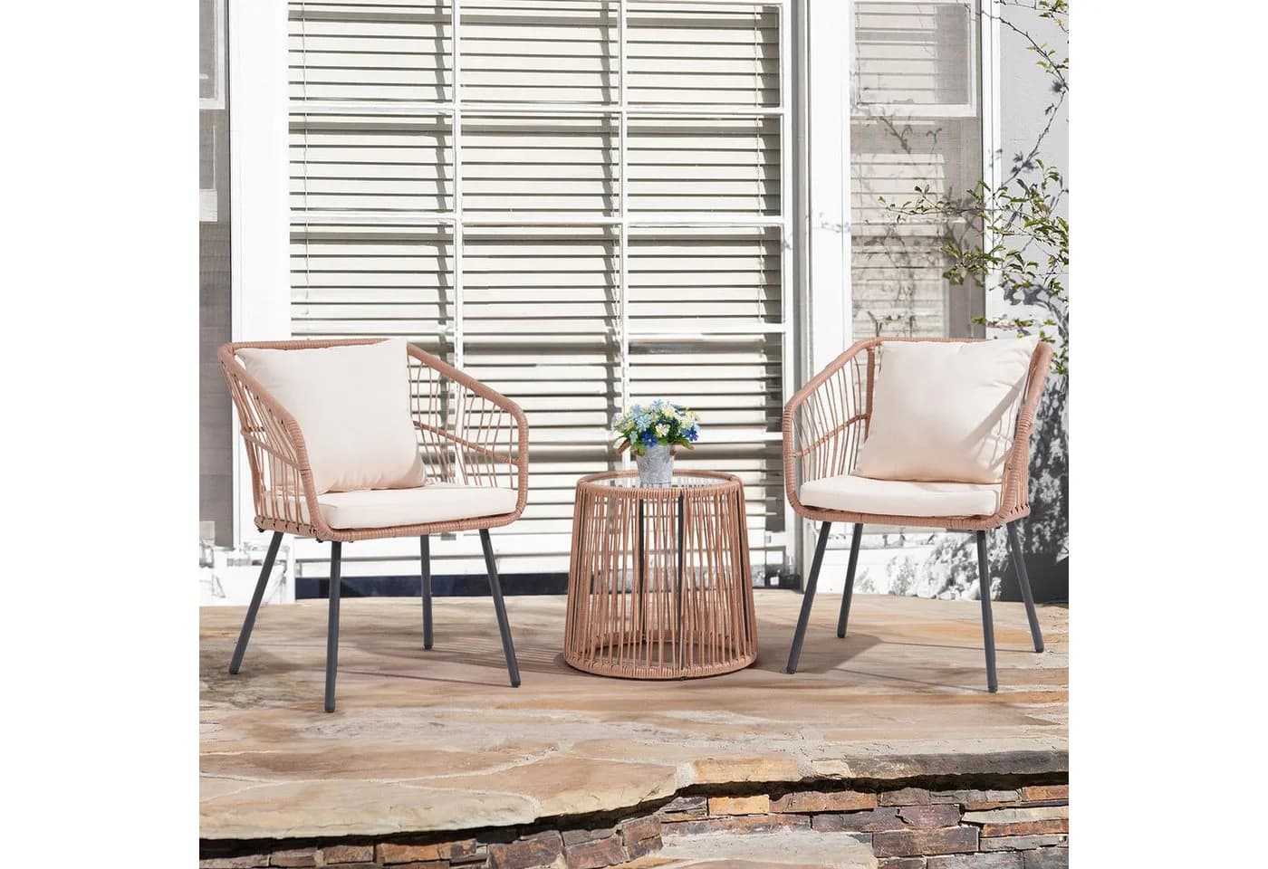 JOIVI Balkonset Outdoor 3-tlg Rattan Gartenmöbel mit Kissen