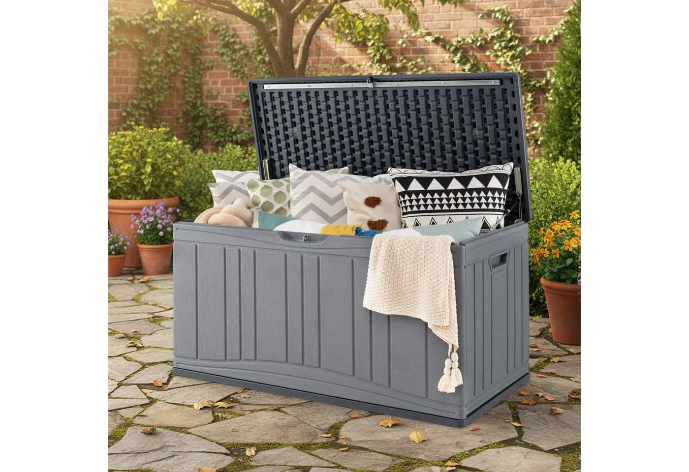 COSTWAY Auflagenbox 300L Gartenbox mit Gasdruckfedern abschließbar