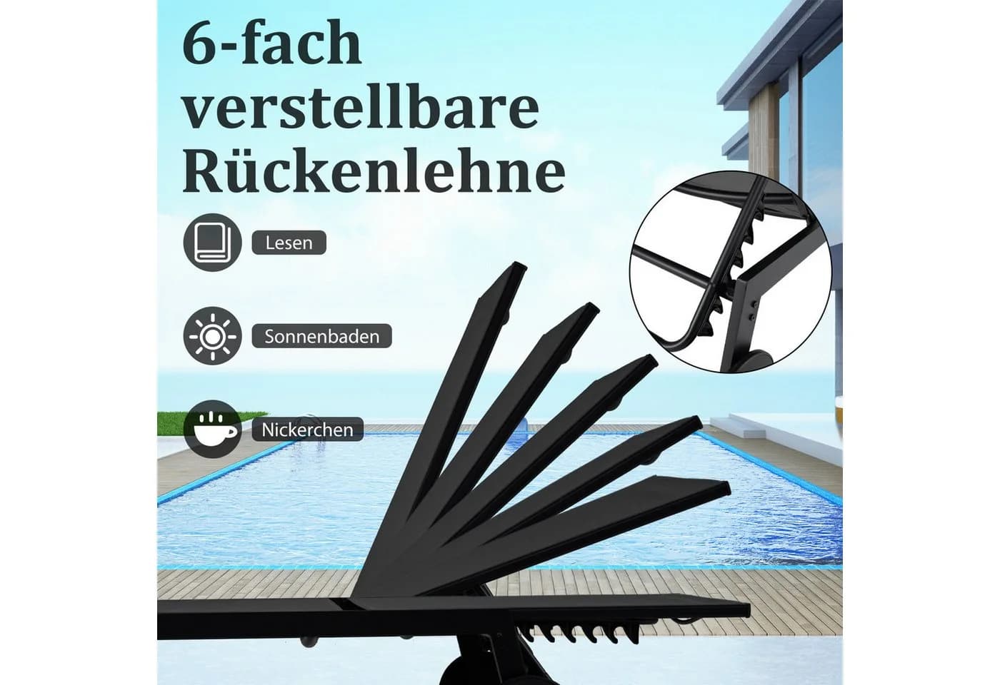 COSTWAY Gartenliege 2-teilig verstellbar mit Tisch und Rollen Schwarz