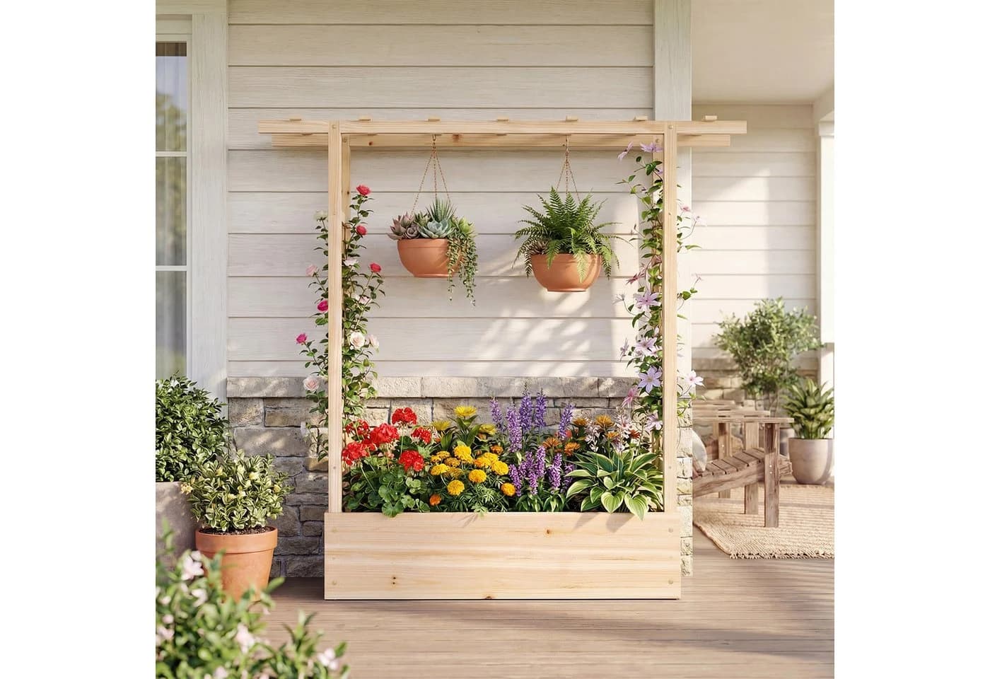 COSTWAY Blumenkasten mit Rankgitter Hochbeet für Kletterpflanzen