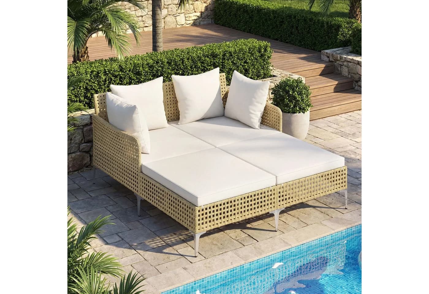 COSTWAY Loungebett Outdoor Sonnenliege 2 Personen Rattan Beige