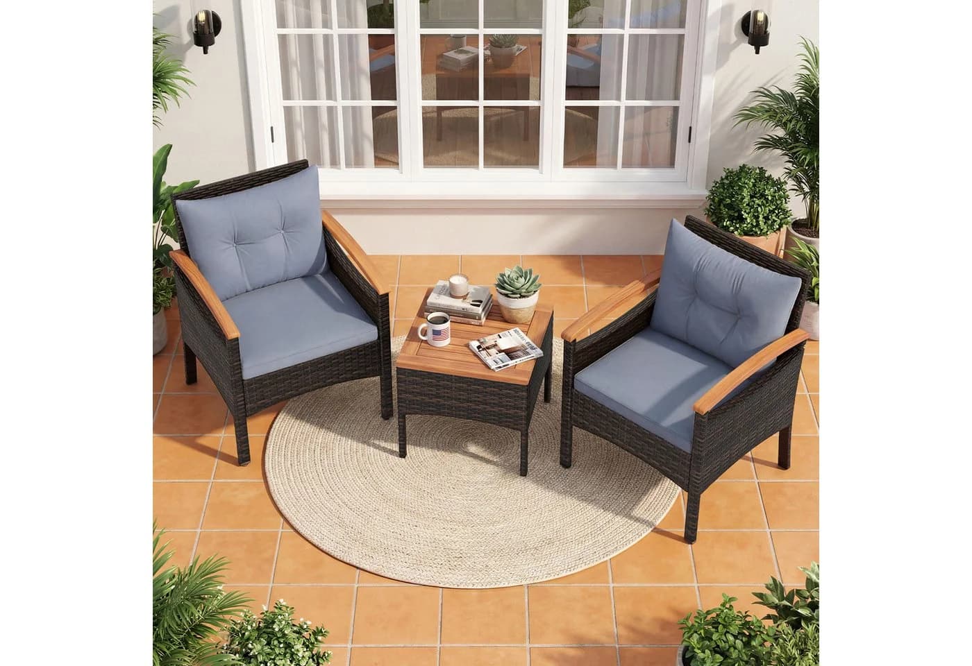 COSTWAY Balkonset 3-tlg. Braun PE-Rattan mit Kissen