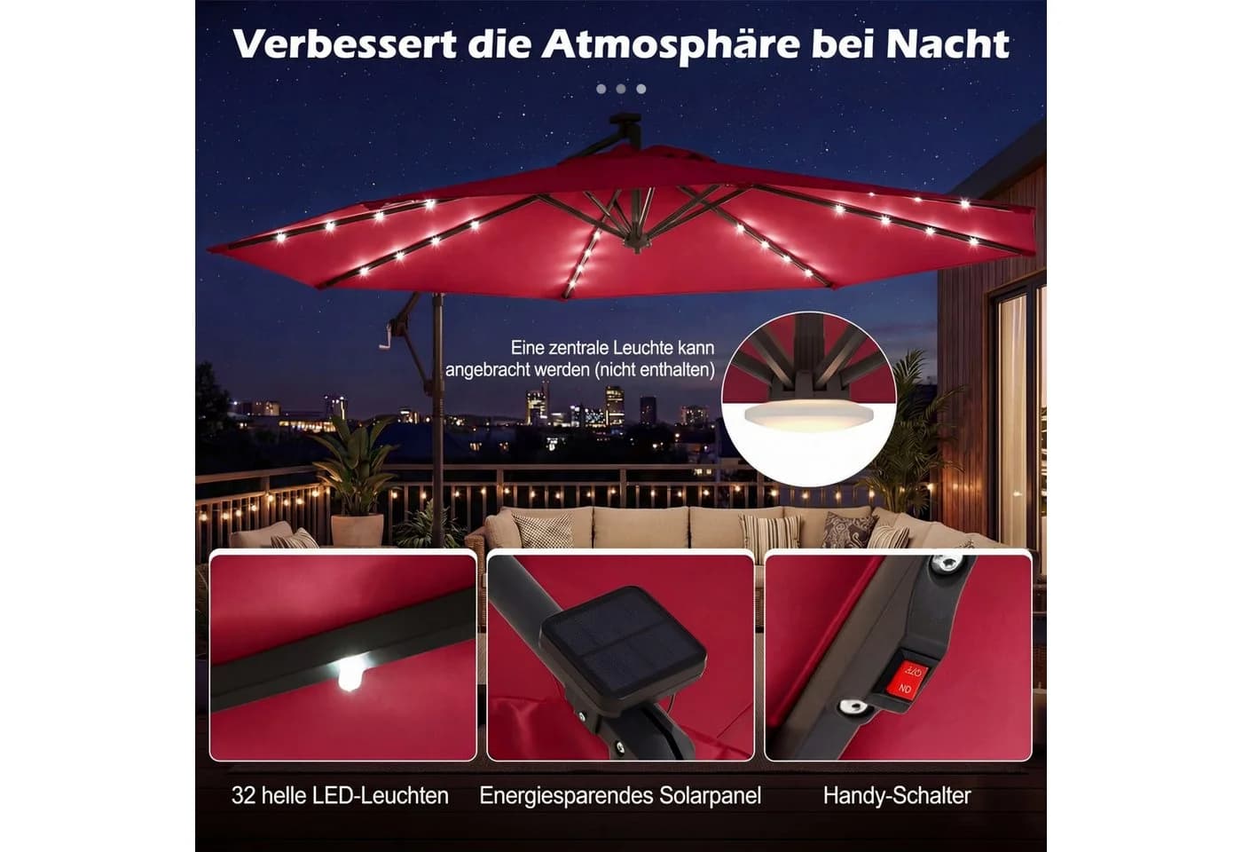 COSTWAY Sonnenschirm Balkonschirm Rot mit LED und Ständer