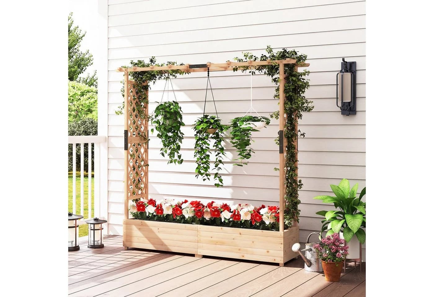 COSTWAY Blumenkasten Hochbeet mit Rankgitter Tannenholz