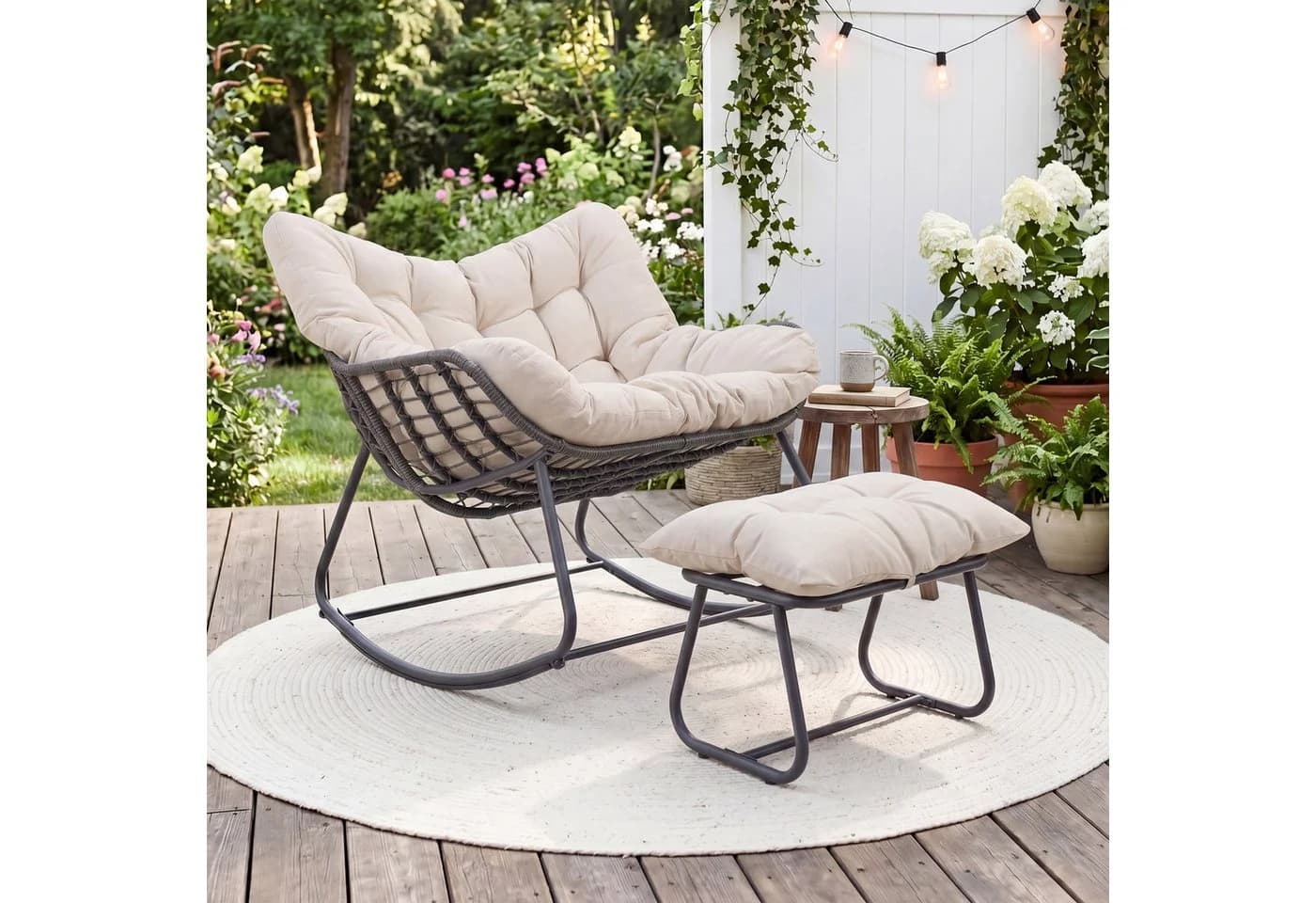 KOMFOTTEU Schaukelstuhl mit Hocker Beige/Grau Schwarz PE-Rattan Metall