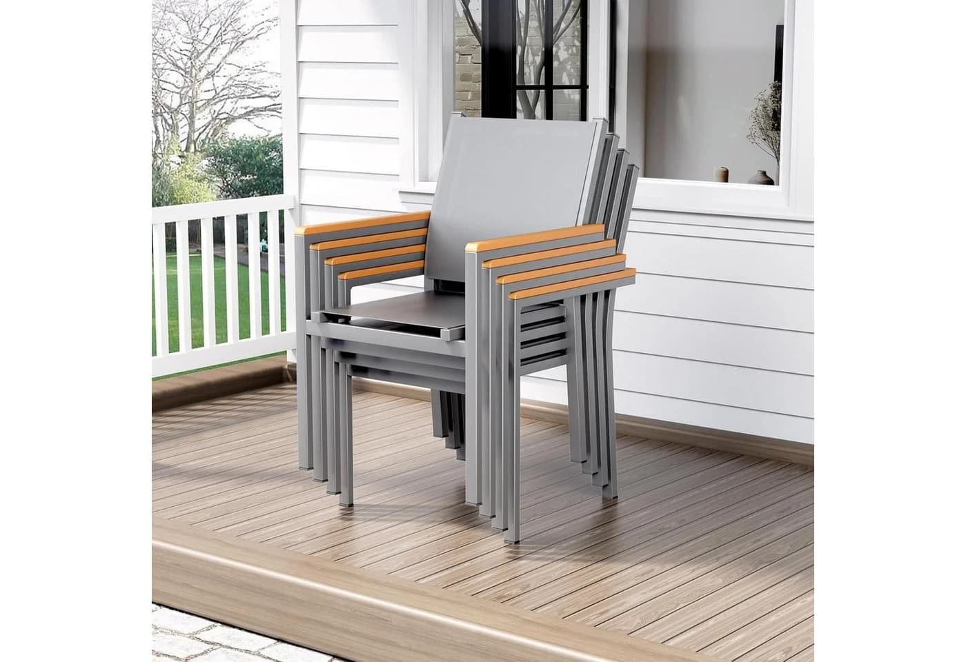 TLGREEN Stapelstuhl Aluminium Outdoor mit WPC-Armlehnen Grau