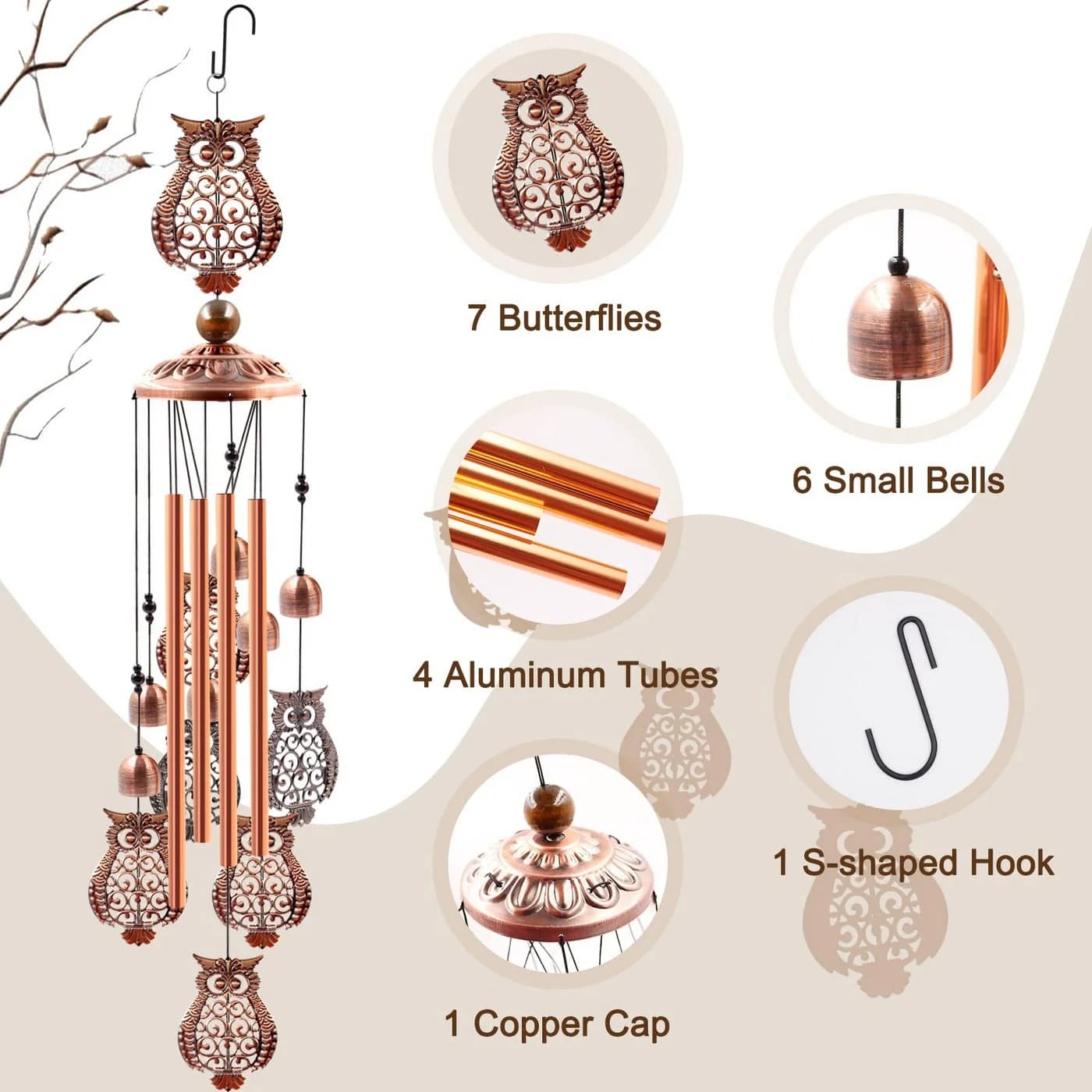 MOPUEA Windspiel Retro Braun mit 6 Glocken & 7 Kolibris