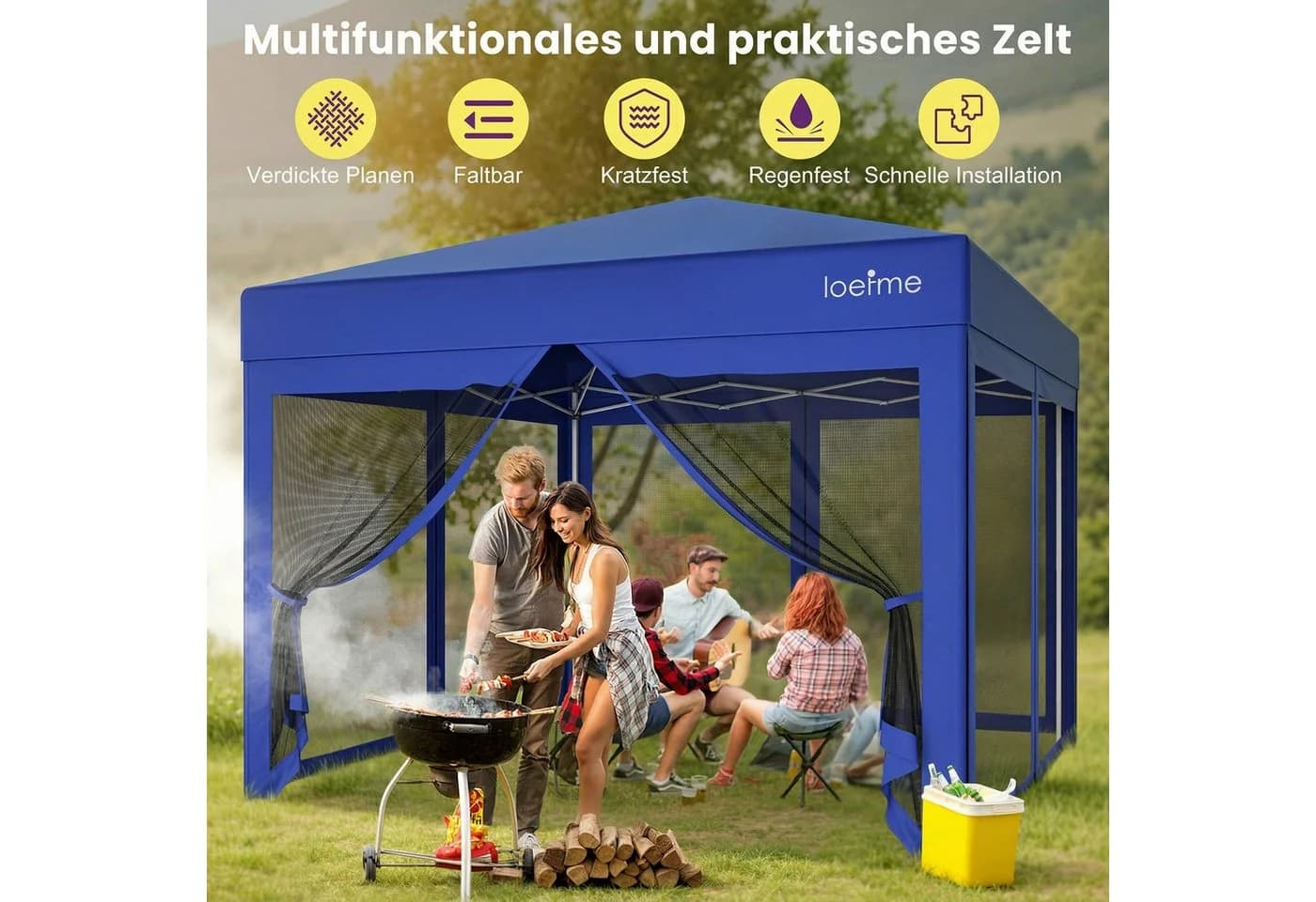 LOEFME Faltpavillon 3x3m Pop Up Partyzelt Blau mit Moskitoseitenwänden