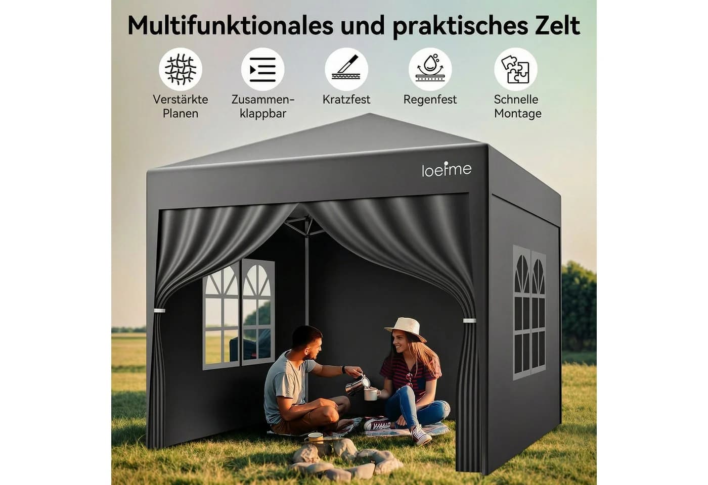 loefme Faltpavillon 2,5x2,5m Pop Up mit 4 Wänden