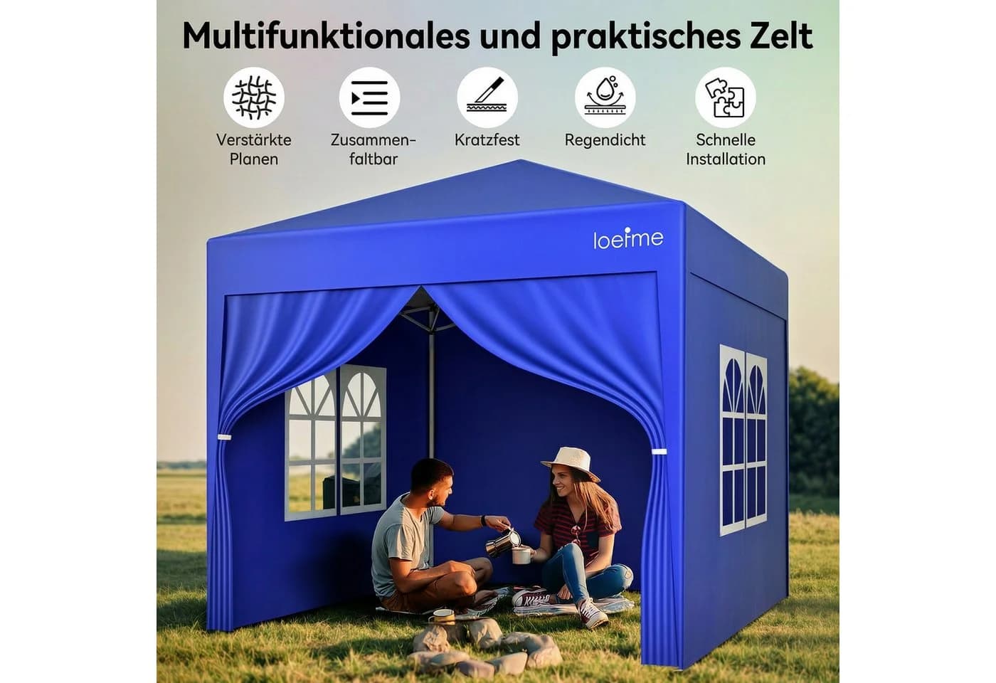 loefme Faltpavillon 2,5×2,5m Pop Up mit abnehmbaren Wänden blau