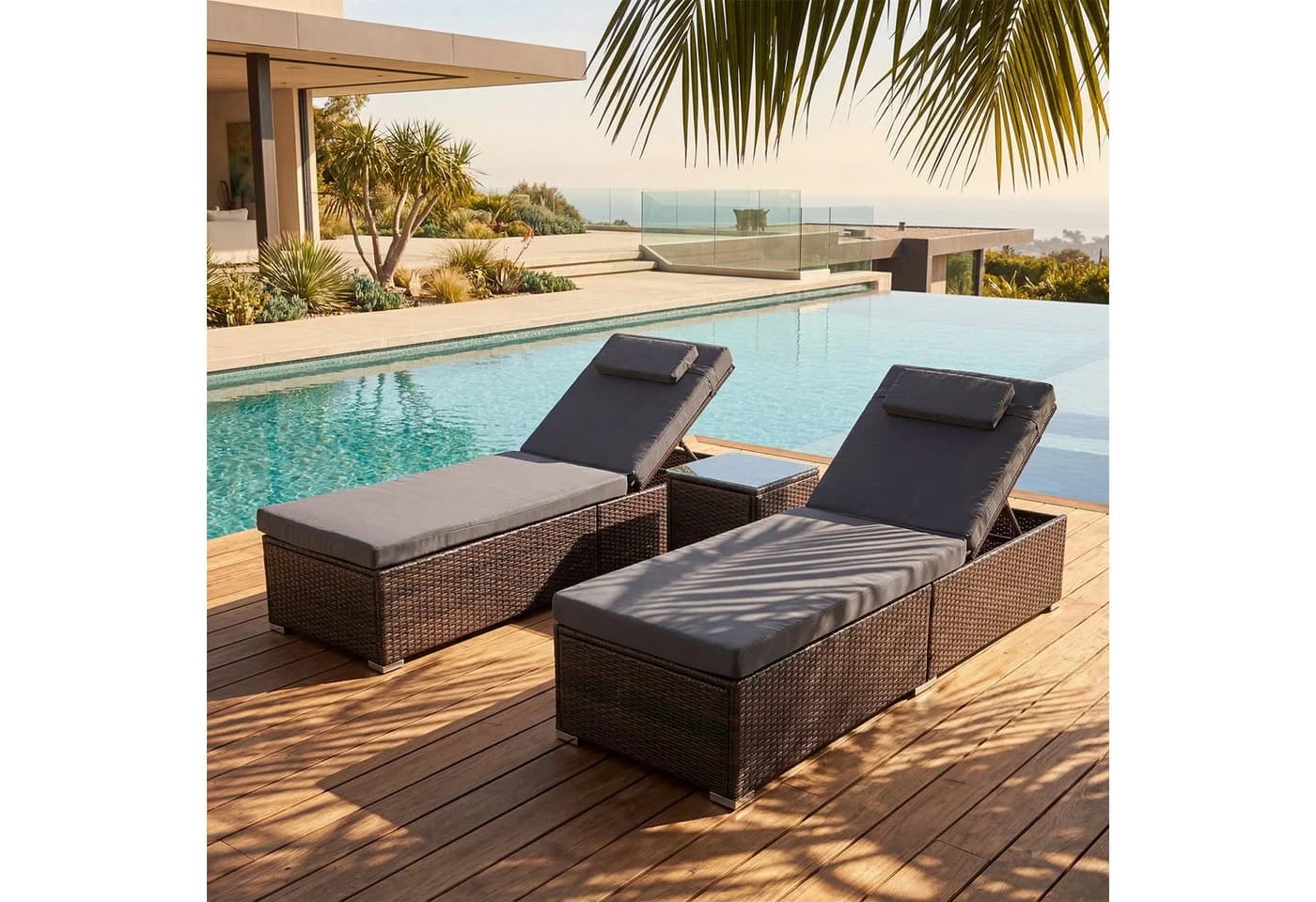 oyajia Gartenliege 2-Personen Polyrattan Braun mit Glastisch