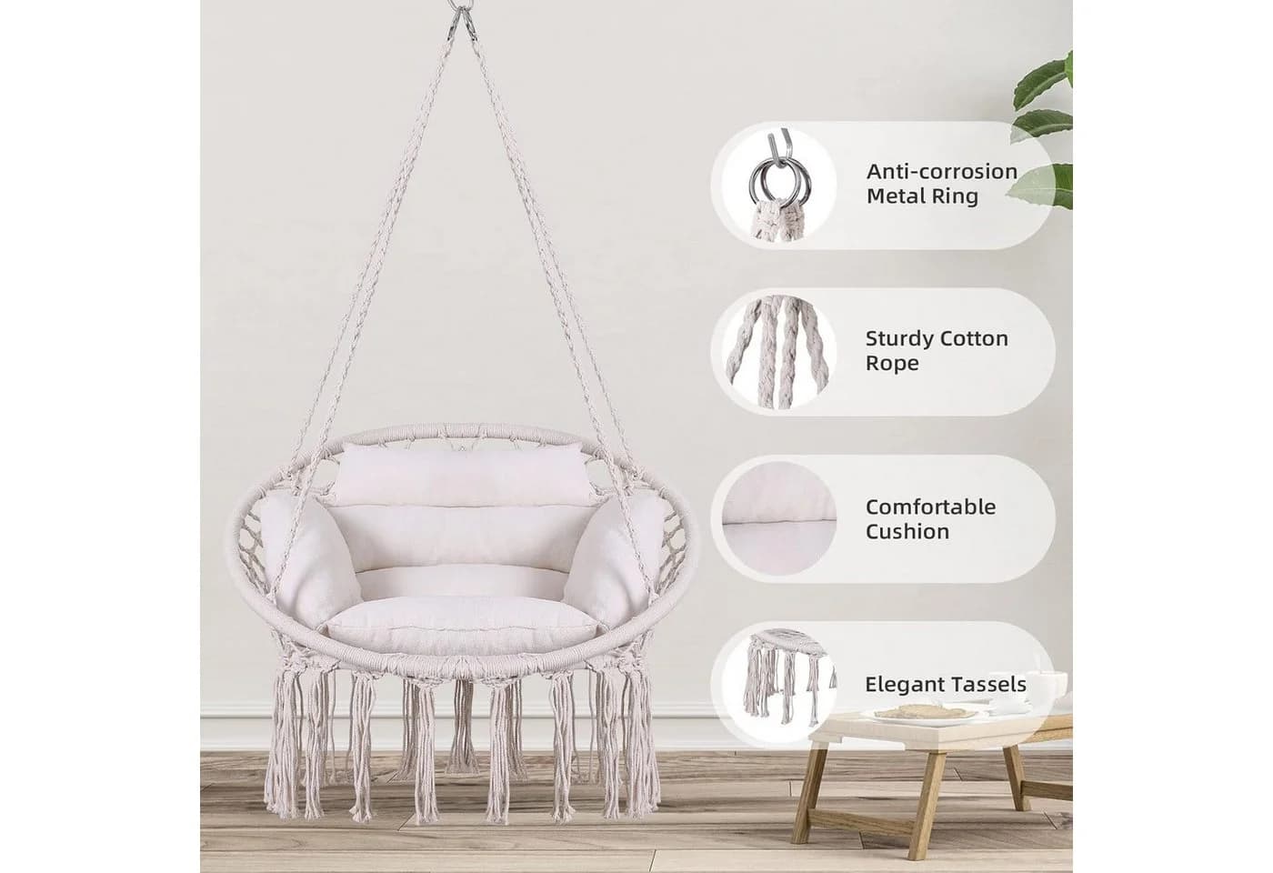 BlingBin Hängesessel Hollywoodschaukelstuhl Beige mit Kissen