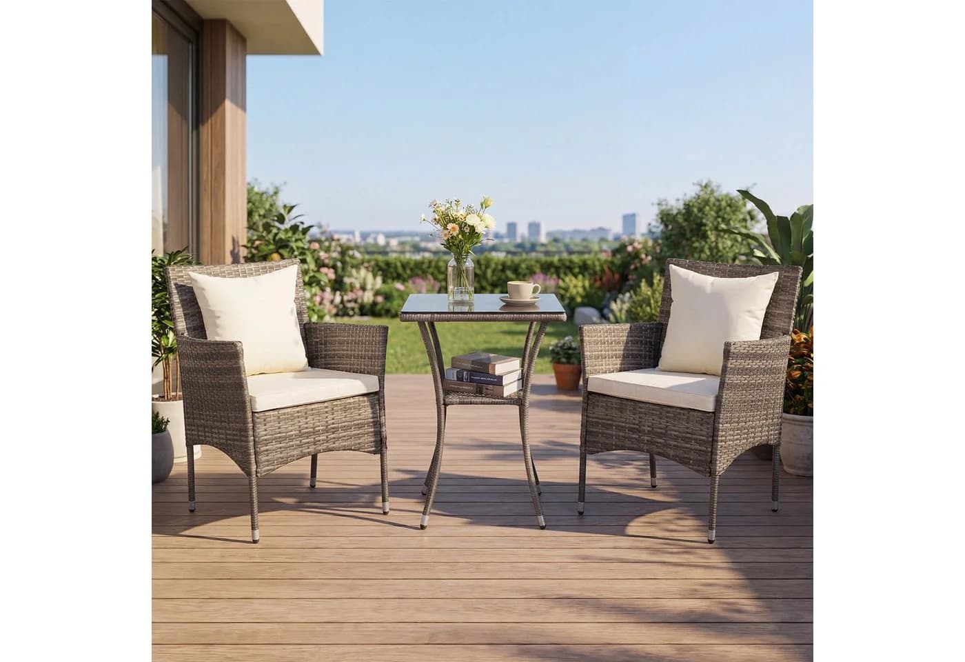 COSTWAY Balkonset 3-tlg. Rattan 2 Sessel & Glastisch mit Kissen