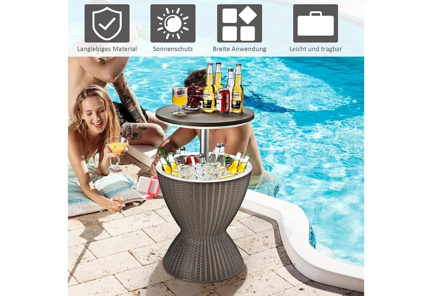 COSTWAY Gartentisch höhenverstellbar mit Eisbehälter Braun