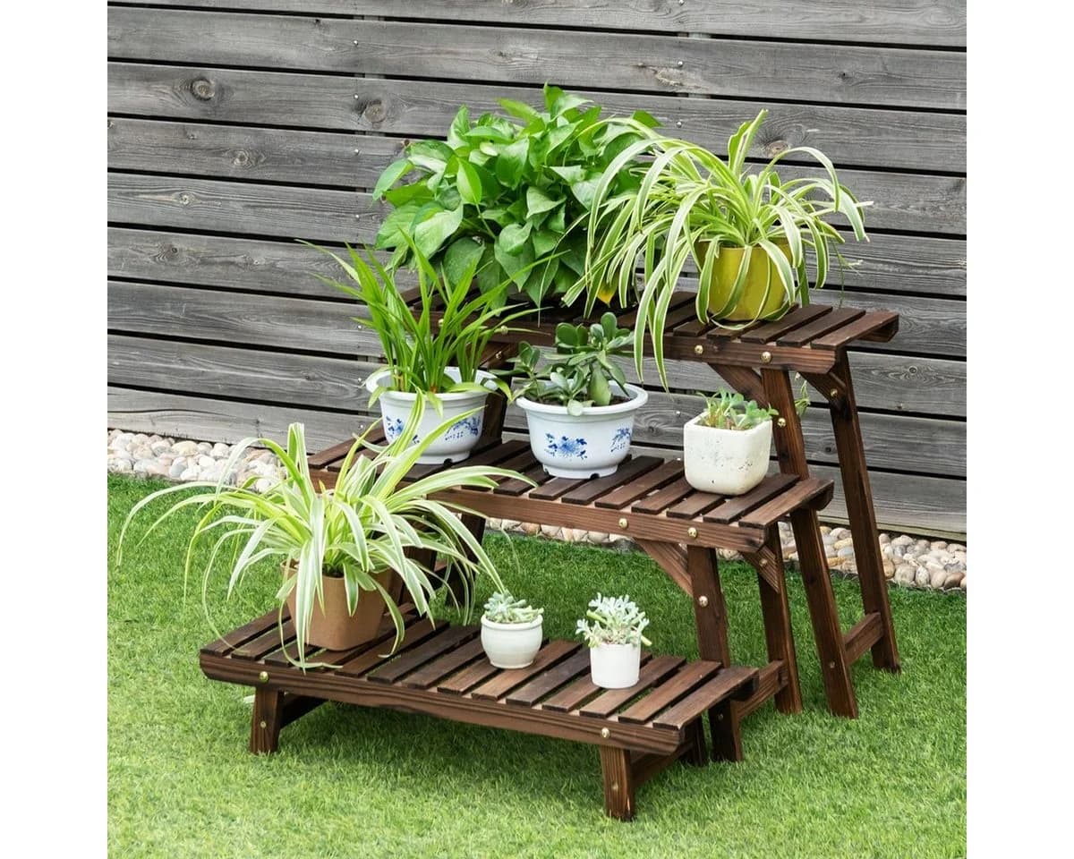COSTWAY Pflanzentreppe 3 St. Blumenständer Braun Tannenholz