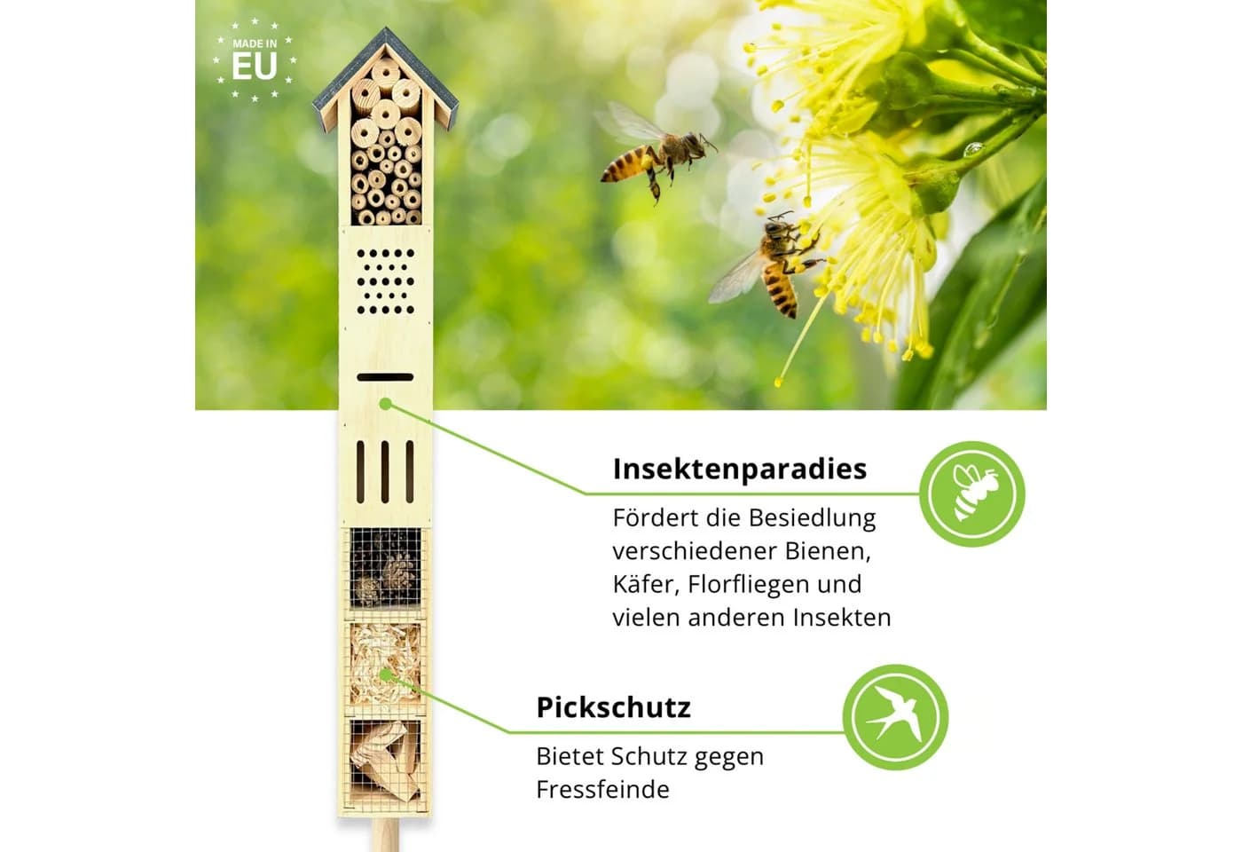 gartenetage Insektenhotel aus Holz mit Metalldach & Erdspieß