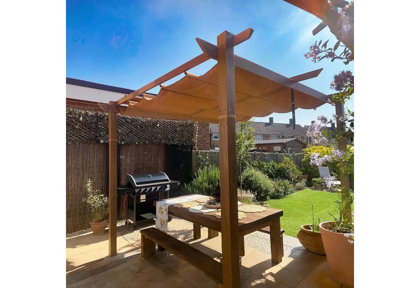PURPLE LEAF Pergola Holzoptik mit einziehbarem Dach, Alu Terrassenüberdachung, Gartenpavillon