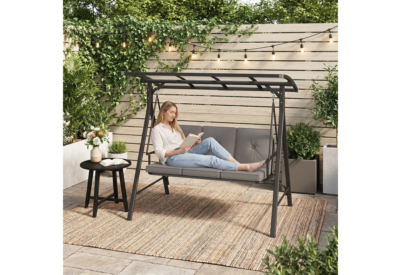 Bealife Hollywoodschaukel Gartenschaukel Grau mit Liegefunktion 3-Sitzer