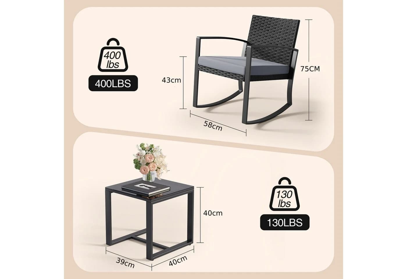Blishom 3-tlg. Schaukelstuhl Set Grau/Blau/Beige Polyrattan