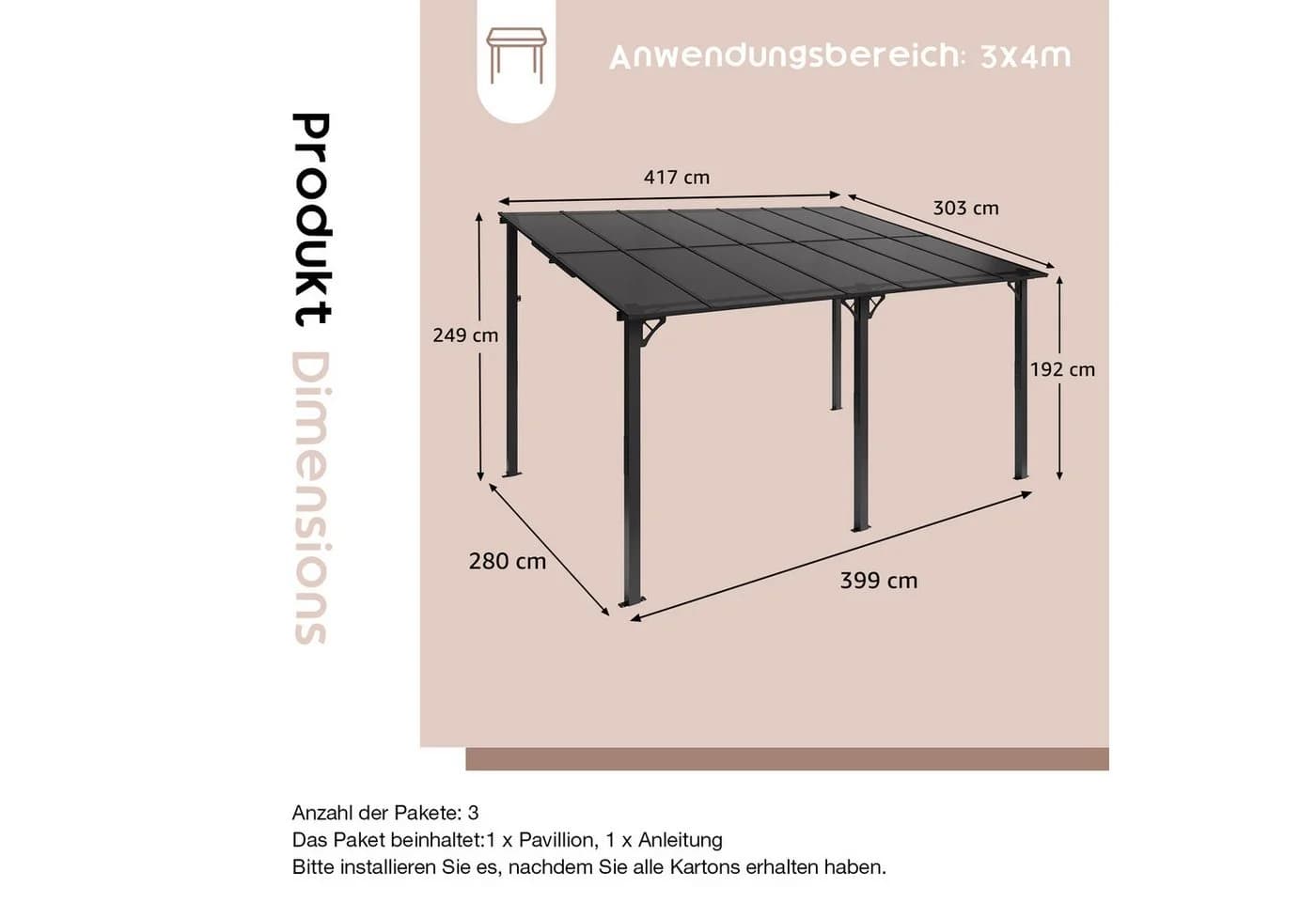 JOIVI Pergola 3x4m Terrassenüberdachung Carport mit Sonnendach