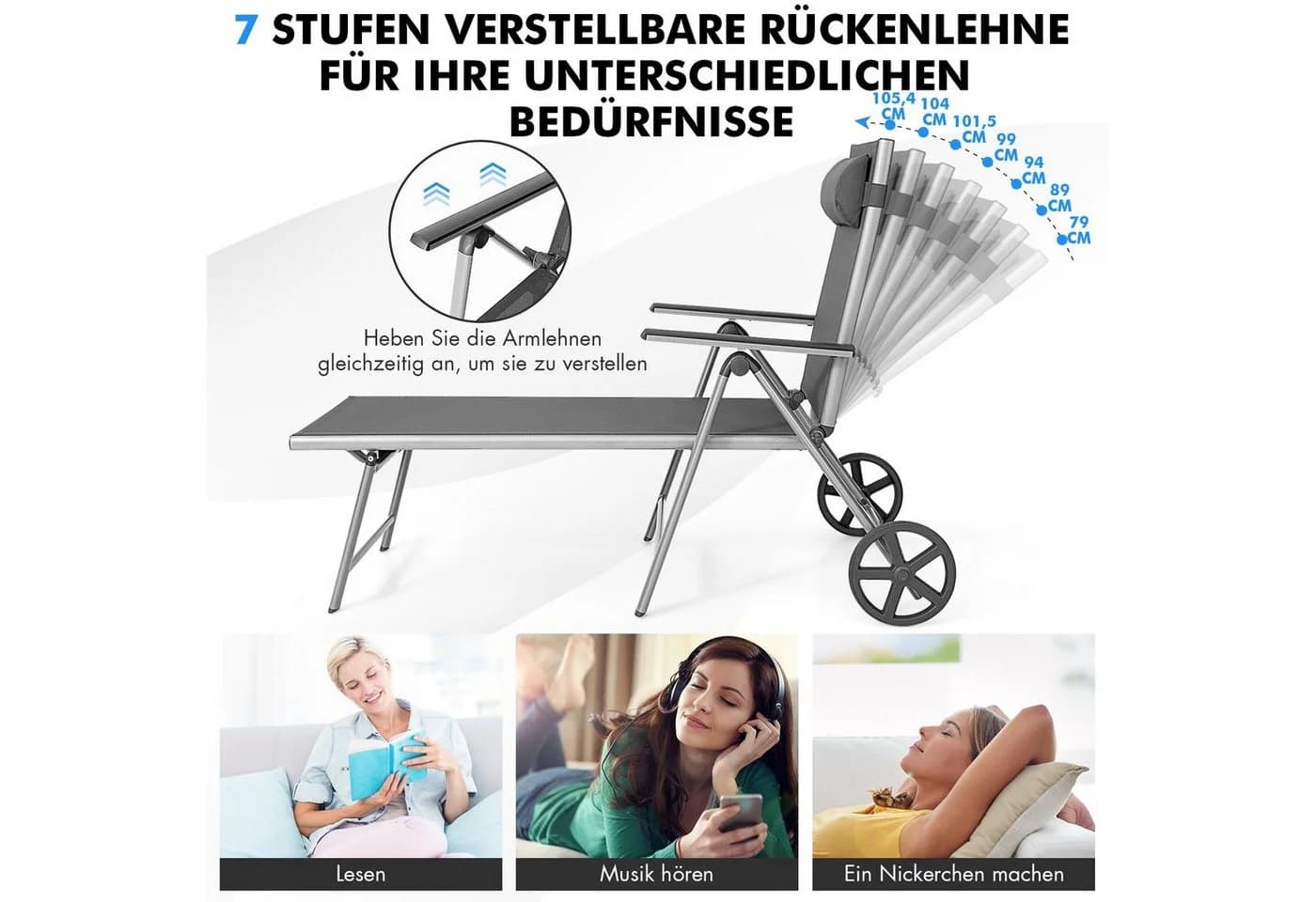 COSTWAY Gartenliege Liegestuhl 7-fach verstellbar grau mit Rädern & Kopfstütze