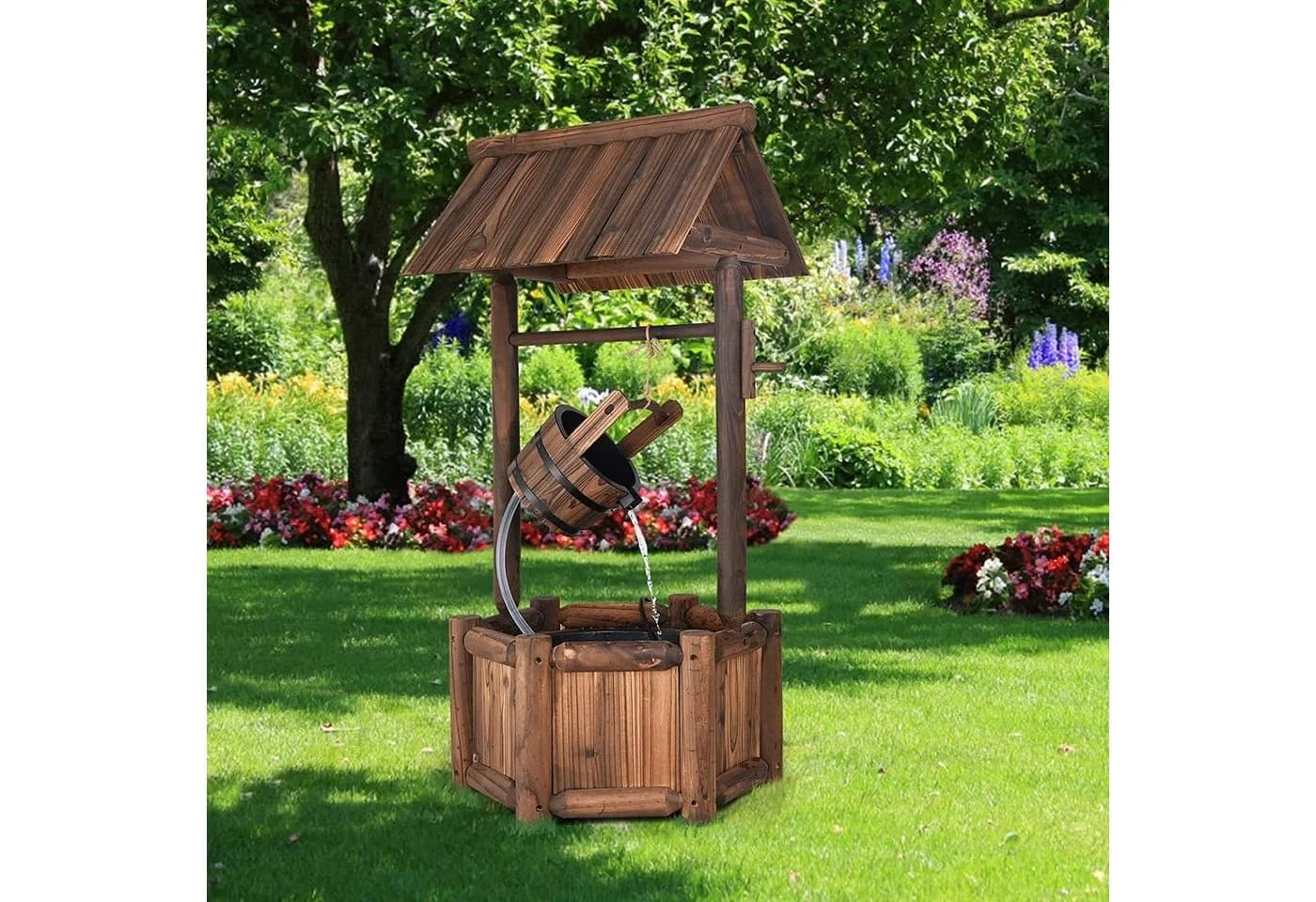 KOMFOTTEU Gartenbrunnen Dekorativer Holzbrunnen mit Dach Braun