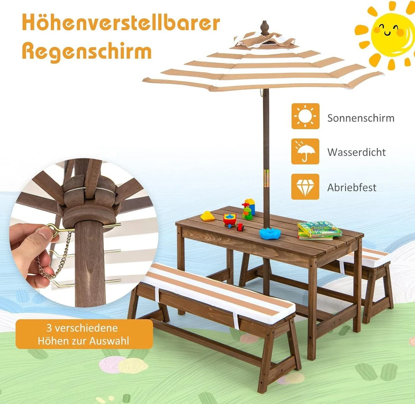 KOMFOTTEU Garten-Kindersitzgruppe mit Sonnenschirm Bra/Blau